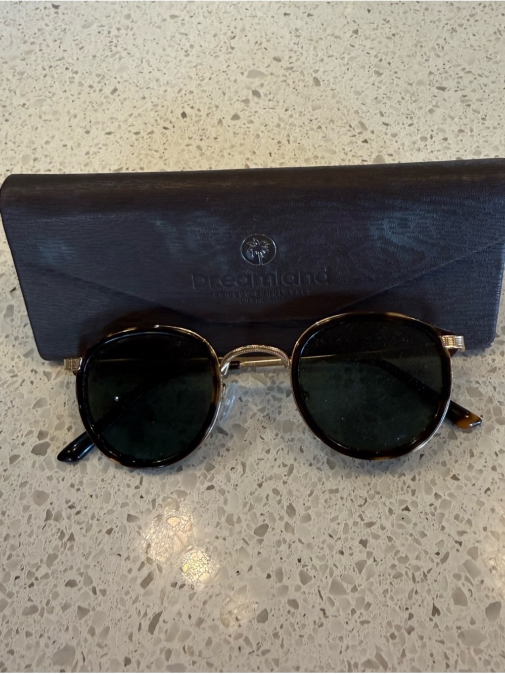 Vintage Round Sunglasses with Case - Brown Tortoise Frames, Dark Green Lenses